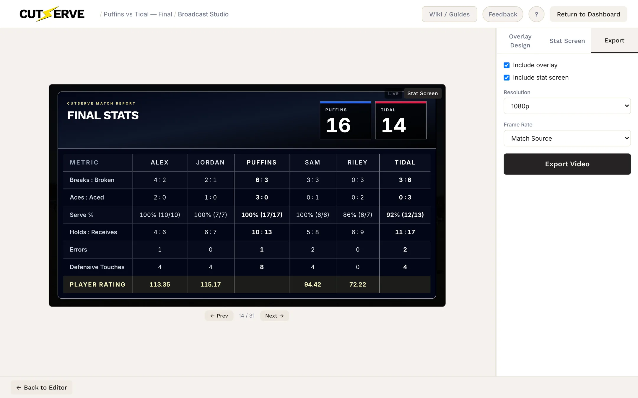 Broadcast Studio Export tab with Include overlay, Include stat screen, Resolution and Frame Rate settings