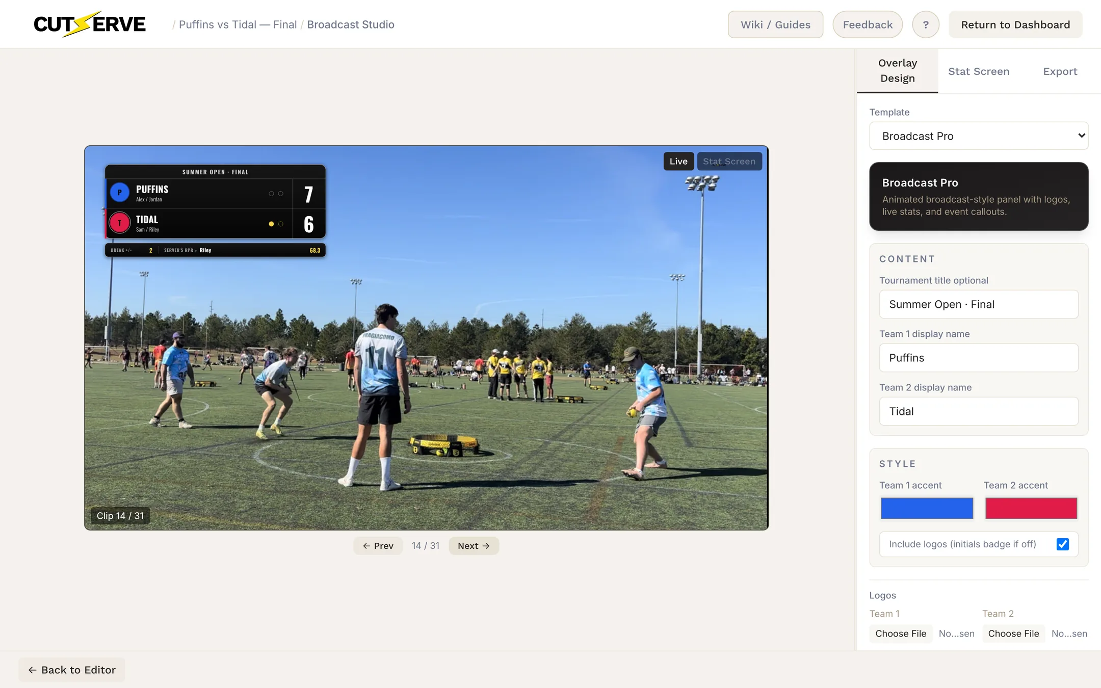 Broadcast Studio with the Broadcast Pro scoreboard over the match preview and the Overlay Design settings on the right