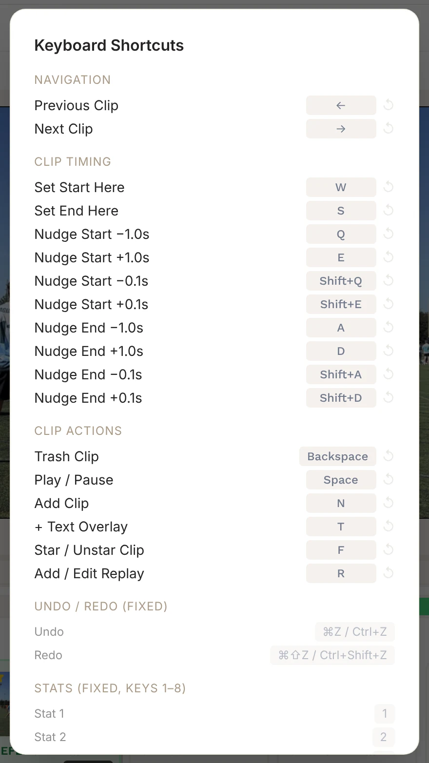 Keyboard Shortcuts window listing Navigation, Clip Timing and Clip Actions shortcuts