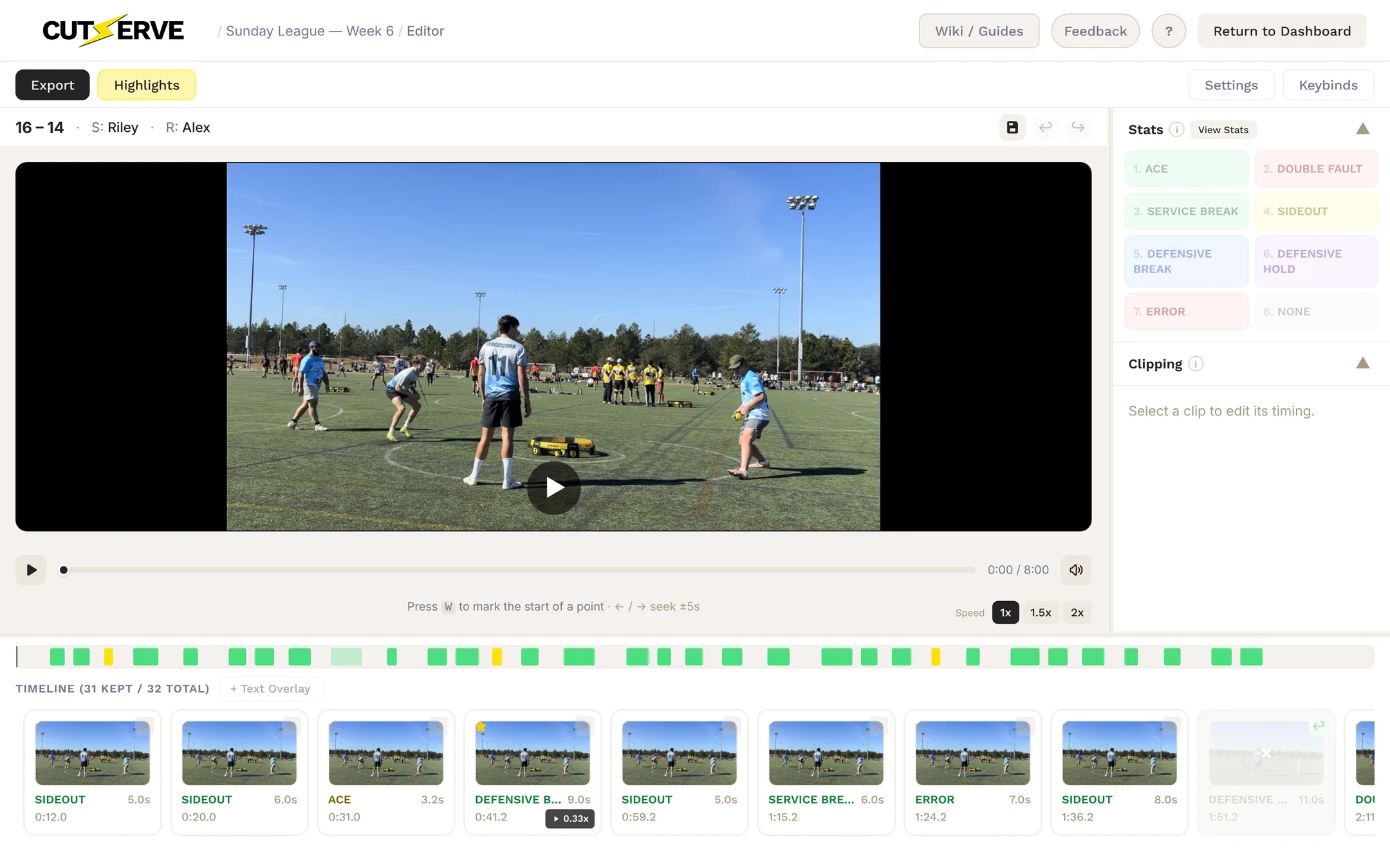 Manual clipping in the editor with the capture status line and 1x, 1.5x and 2x speed buttons