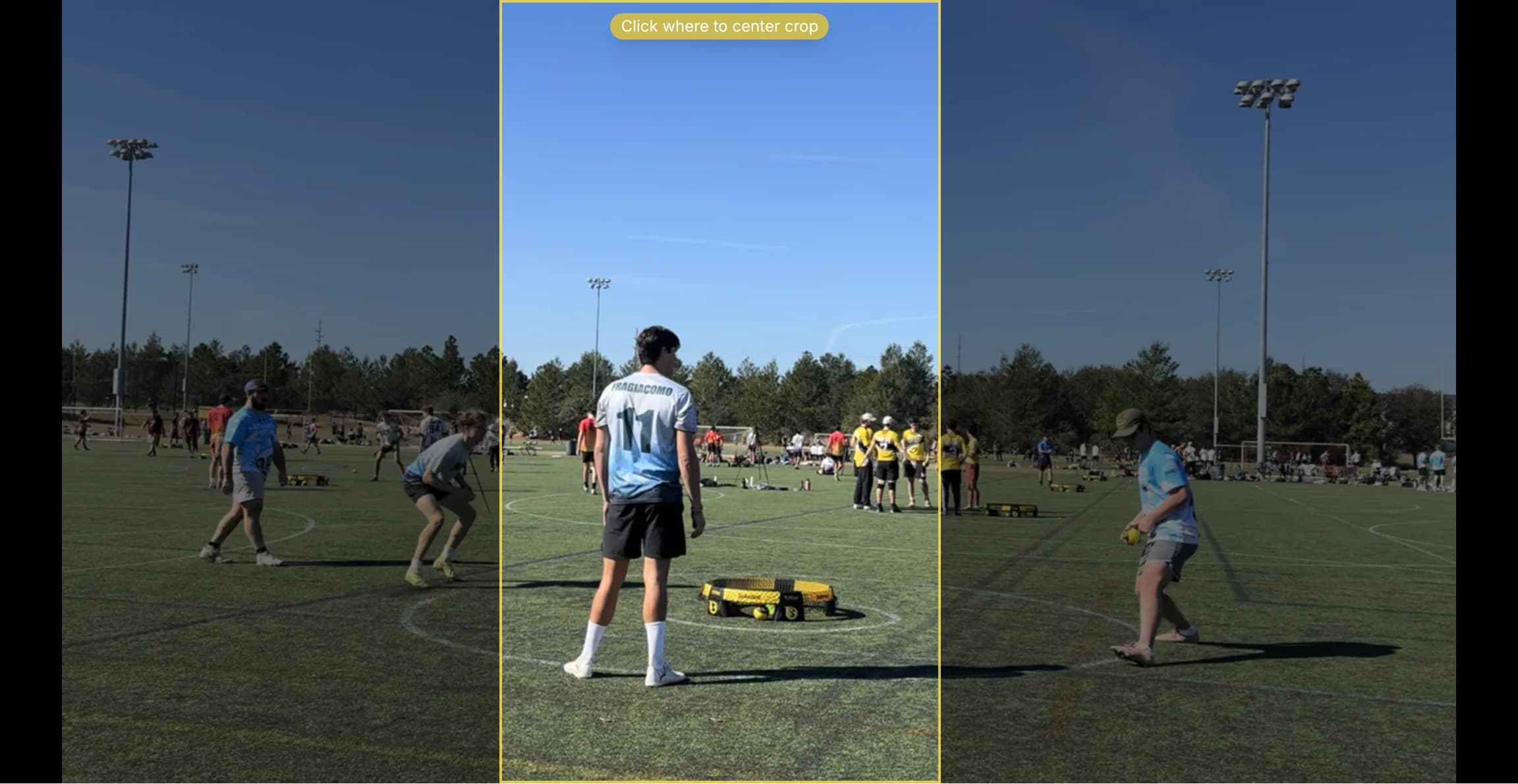 Highlight Reel editor with a 9:16 crop window over the match footage and crop keyframes on the scrubber