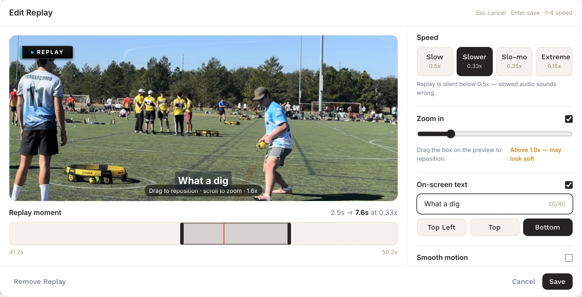 Replay Studio with speed options, zoom, on-screen text and the replay range on the clip