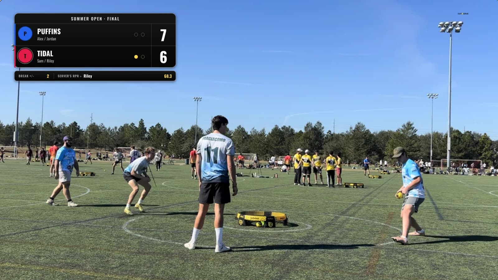 Match footage with the Broadcast Pro scoreboard showing team names, score, serve indicators and the server's RPR