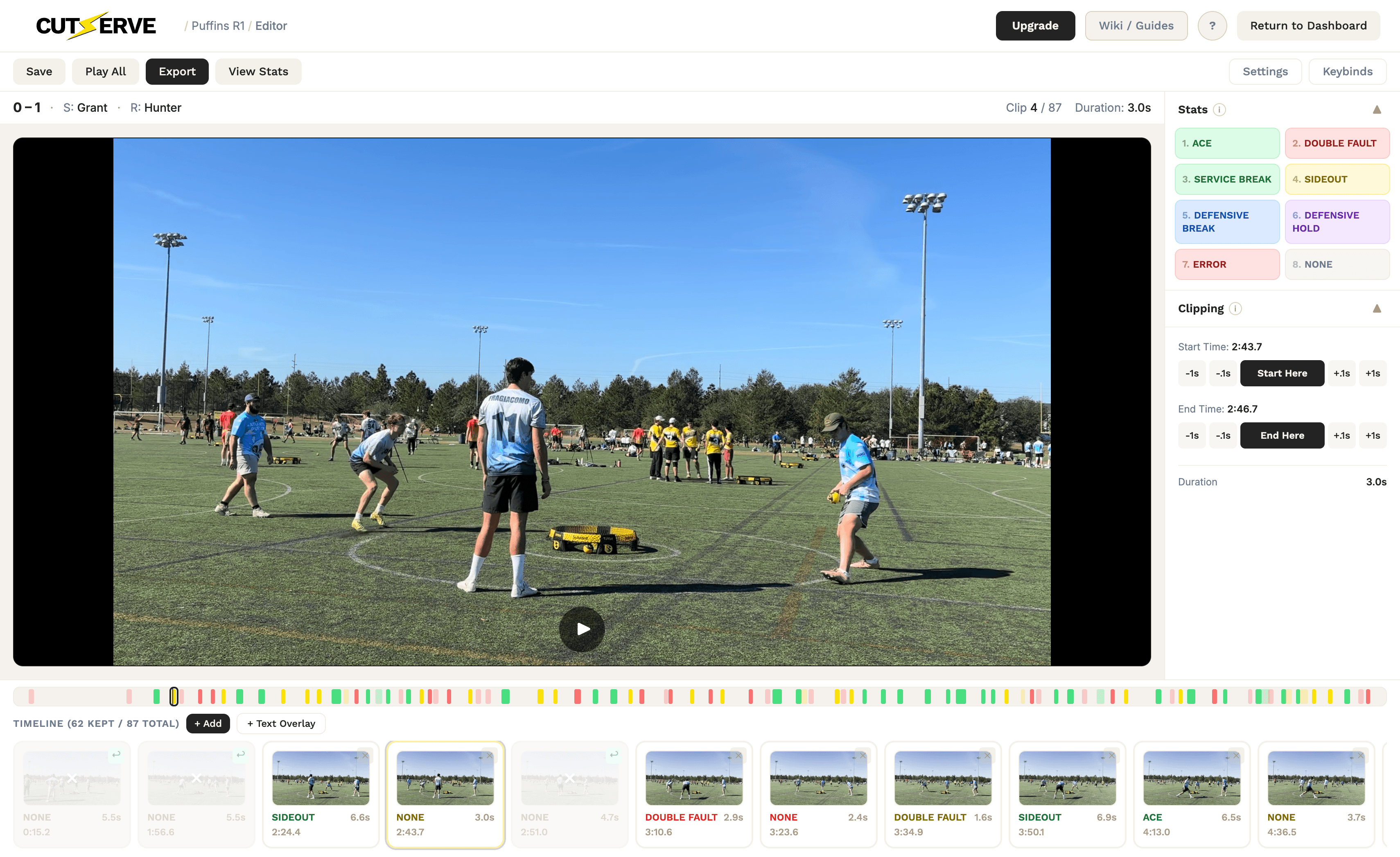 CutServe editor showing detected rally clips in the timeline