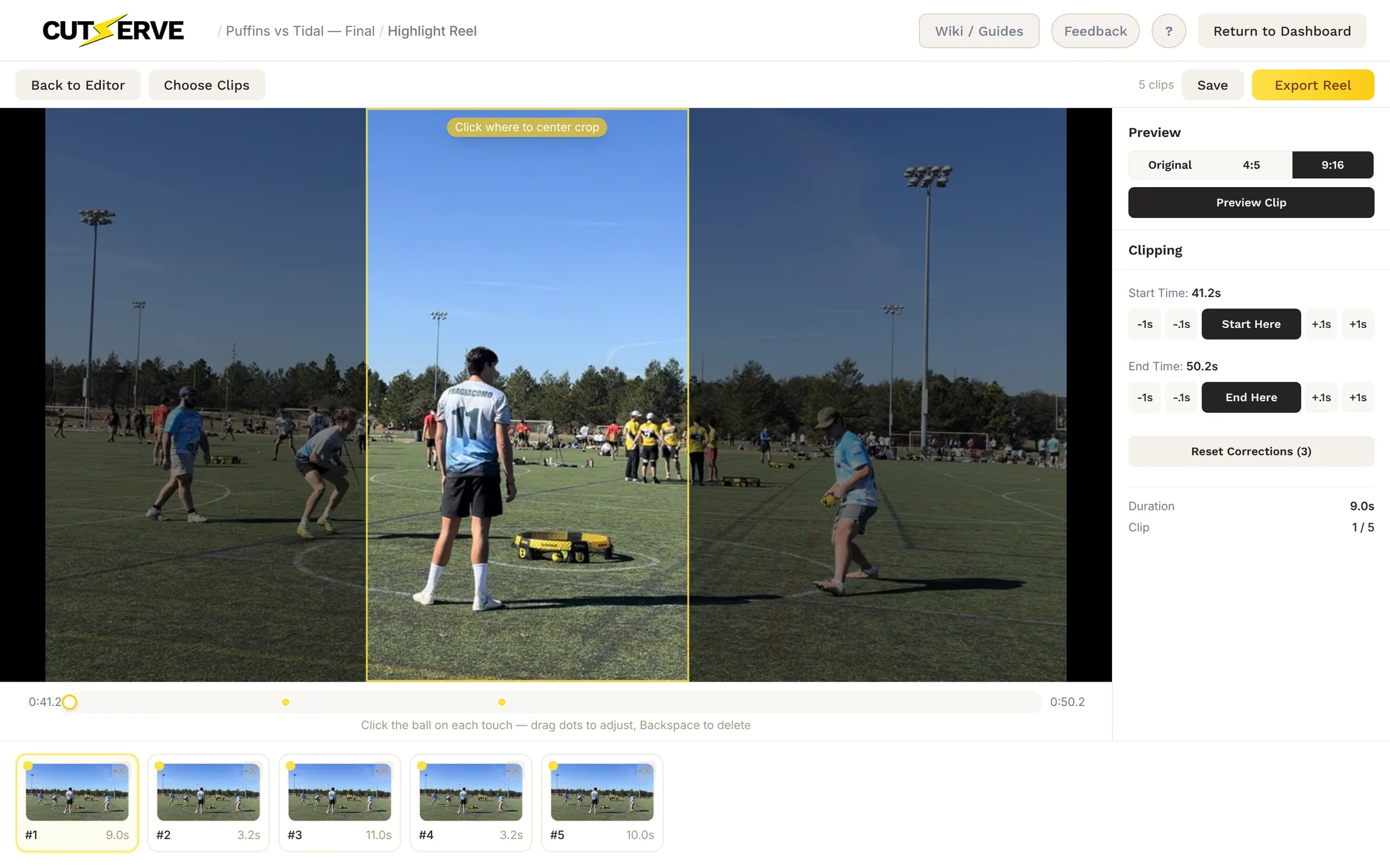 Edit Reel: a 9:16 crop window over the footage, crop keyframes on the scrubber, and trim controls in the sidebar
