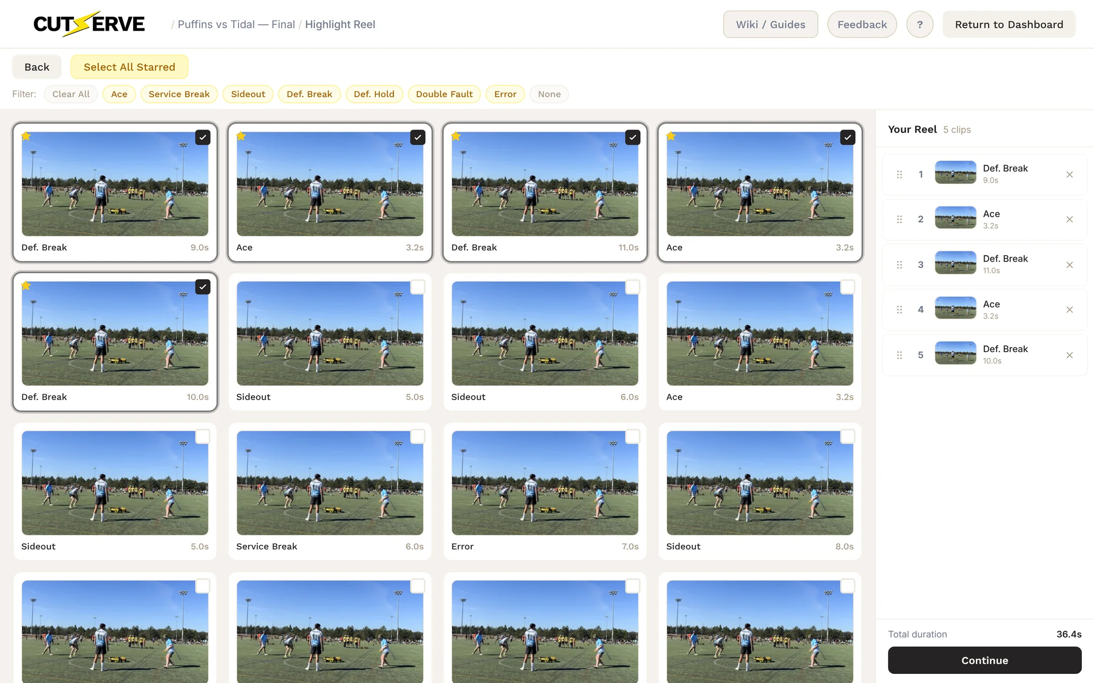 Choose Clips: a grid of clips with starred picks selected, stat filters, and the reel queue on the right