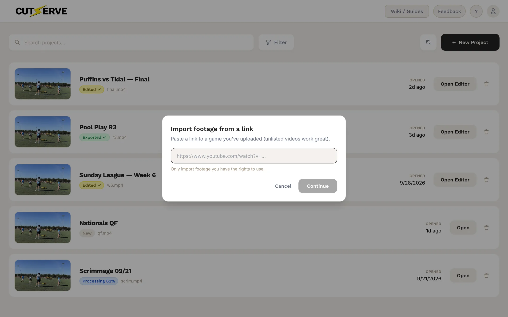 Import footage from a link dialog with a field for the video link