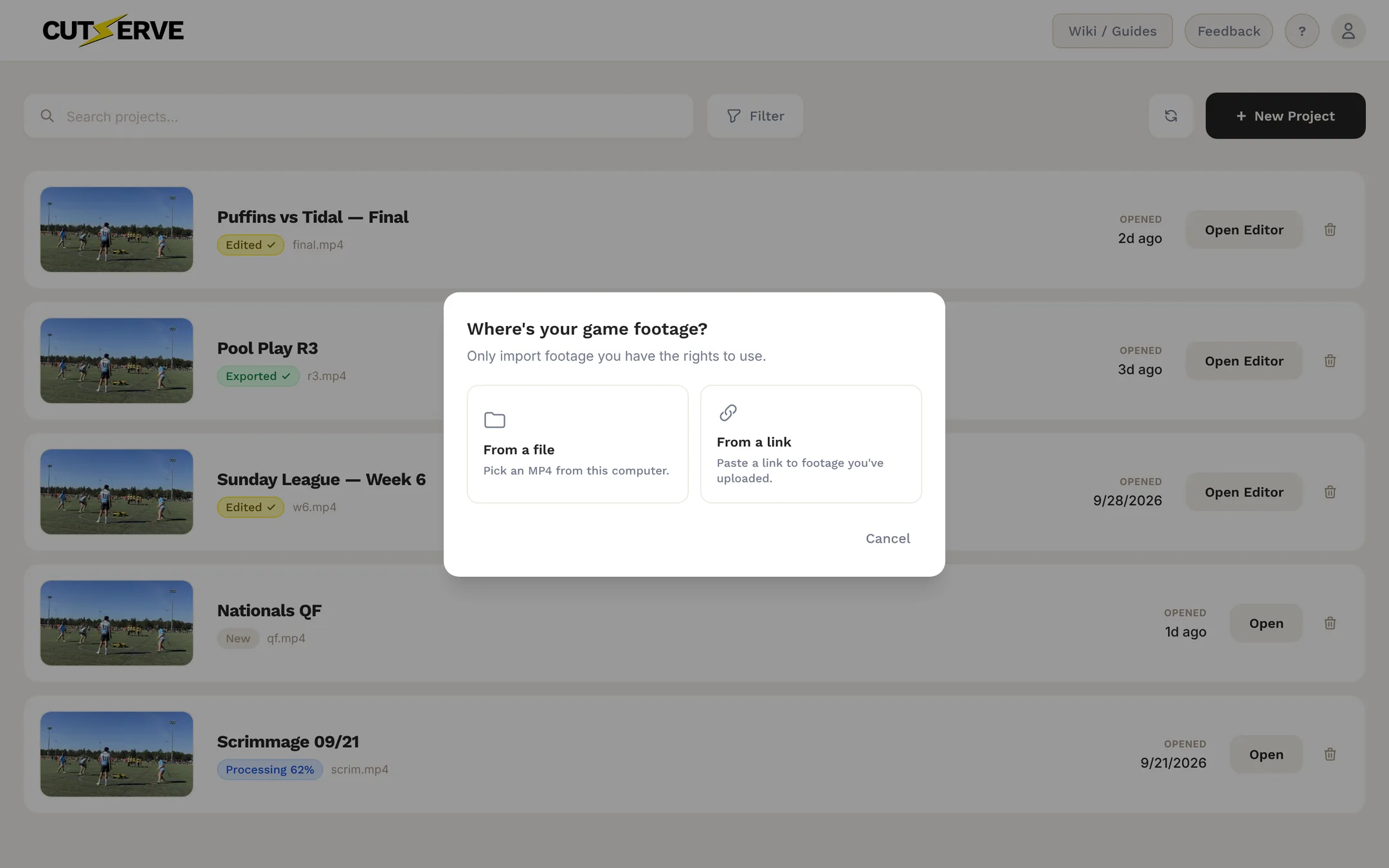 New Project dialog asking where the game footage is, with From a file and From a link options