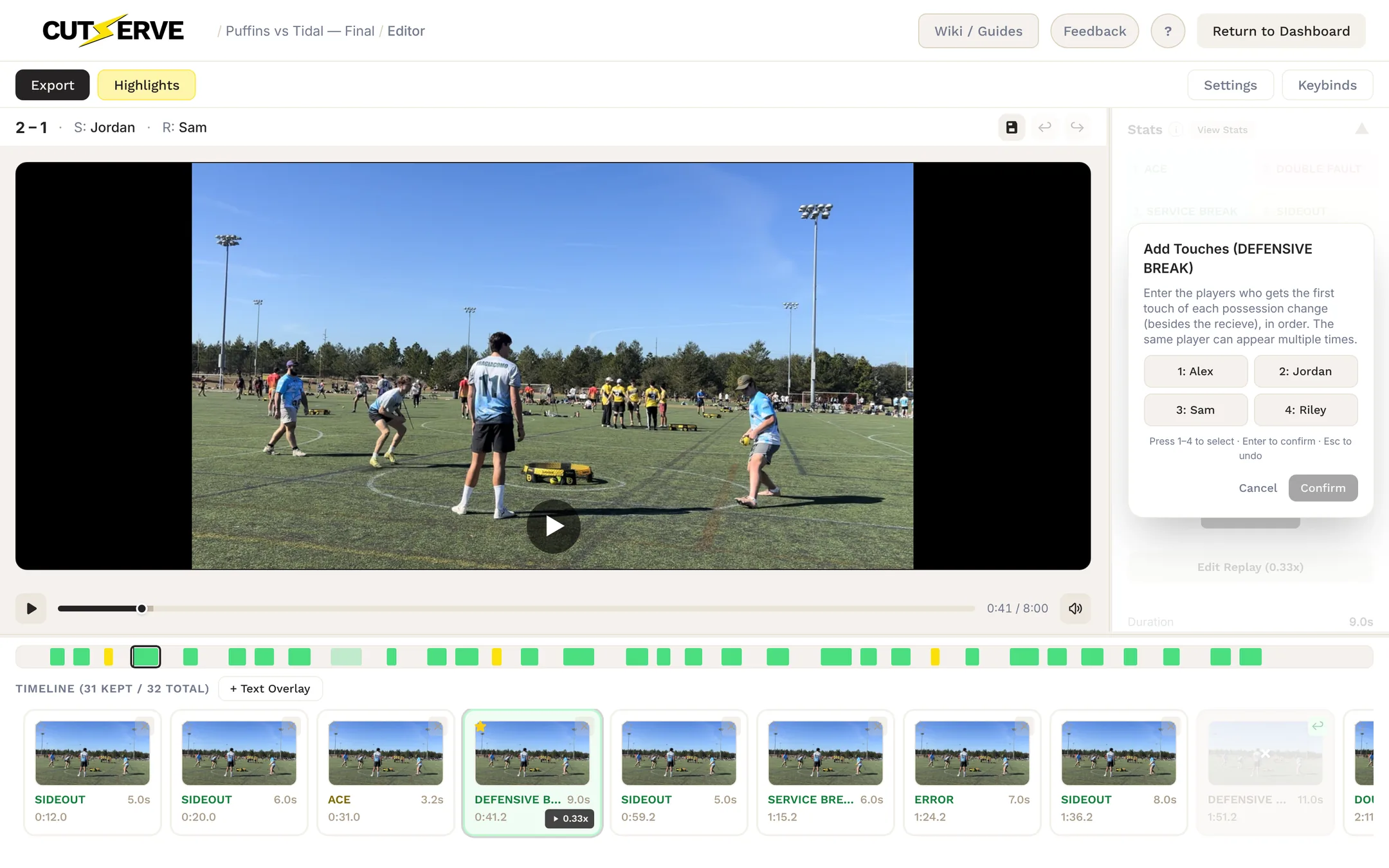 Add Touches picker for a Defensive Break, with the four players numbered 1 to 4